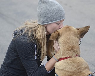 Katie Rickman | The Vindicator.Jamie Gill of youngstown kisses a female dog named Auroa who is one of the dogs up for adoption at Animal Charity of Ohio Inc. in Boardman on Friday, Oct. 17, 2014.