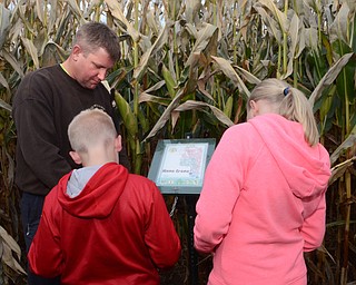 Katie Rickman | The Vindicator.Bob Wilson helps his children Robby, 9, and Lydia, 11, punch holes out on their maps on one of the trails inside the 20 acre maize at the Maze Craze on Friday, September 17, 2014.
