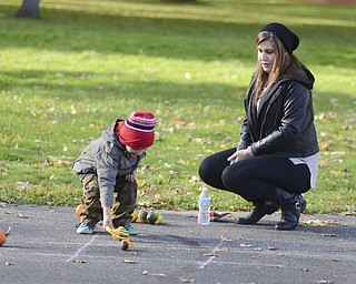 Katie Rickman | The Vindicator.Katerina Mallias of Campbell watches over her cousin Yianni Koullias, 4, as he plays tic-tac-toe with pumpkins and gourdes at the Fall Festival hosted by Campbell Pride at Roosevelt Park in Campbell on Sunday, Oct. 19, 2014.