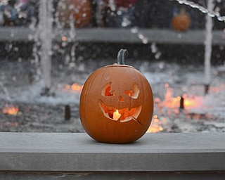 Katie Rickman | The Vindicator.A jack-o'-lantern sits in front of the fountain at Fellows Riverside Gardens during the Pumpkin Walk on Sunday, Oct. 19, 2014.