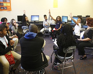  .          ROBERT  K. YOSAY | THE VINDICATOR..Rayen Early College M.S.- Inside Chaney, Hazelwood, Youngstown Quaglia Work groups .Loraine Clark  -  reads aloud one  item about each student as the groups of 6-7-8 grade students get together....-30-