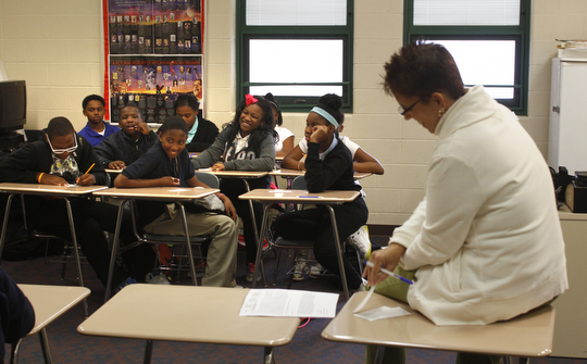  .          ROBERT  K. YOSAY | THE VINDICATOR..Rayen Early College M.S.- Inside Chaney, Hazelwood, Youngstown Quaglia Work groups .Melissa Forde  -  reads aloud one  item about each student as the groups of 6-7-8 grade students get together....-30-