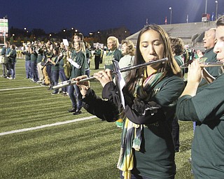 William D. Lewis the Vindicator  URsuline  alums perform 10242014 during pregame. At left are Chelsea Henrie(06) and Janet Sauline (06)