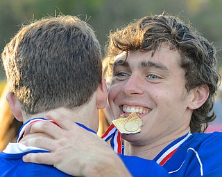Jeff Lange | The Vindicator  Poland's Bryan Partika (facing) embraces a fellow teammate in celebration of their victory over the Mooney Cardinals for the 2014 District Championship, Saturday afternoon in Struthers.