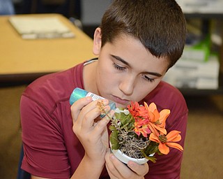 Katie Rickman | The Vindicator .Cameron Bednar, 12,  decorates a pot at the Akiva Academy on Thursday, Oct. 23, 2014. The Students will distribute the decorative pots on on Mitvah Day.
