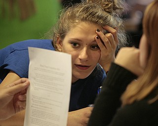        ROBERT K. YOSAY  | THE VINDICATOR..Amanda  Spangler -  Notre Dame-Cathedral Latin High ... reads a math question - ..More than 400 students from 39 high schools from throughout Northeast Ohio filled Youngstown State UniversityÕs Kilcawley Center Chestnut Room Thursday for MathFest hosted by YSUÕs mathematics and statistics department...-30-