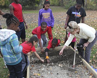 William D. Lewis the vindicator . Martin Luther Luthern Church member Carole Conaster helps youth in bondage breakers program plant garlic in a community garden at the church 10-27-14.