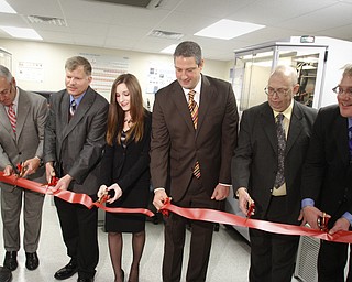        ROBERT K. YOSAY  | THE VINDICATOR.. -President Jim Tressel - -Tim Wagner (YSU)  -student at YSU Jennifer Miller- Rep Tim Ryan -and Allen Hunter (YSU)  Matthias Zeller--. National Science Foundation-supported chemistry lab that places Youngstown State University among the best in the nation for materials analysis with a new x-ray diffraction Labratory . .-30-