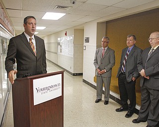        ROBERT K. YOSAY  | THE VINDICATOR.. - Rep Tim Ryan -Presidnet Jim Tressel -  Tim Wagner (YSU) and Allen Hunter (YSU)  and student at YSU Jennifer Miller National Science Foundation-supported chemistry lab that places Youngstown State University among the best in the nation for materials analysis with a new x-ray diffraction Labratory . .-30-