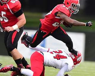 YOUNGSTOWN, OHIO - NOVEMBER 1, 2014:Martin Ruiz #29 of YSU hurdles over Shane Dixon #24 of South Dakota during the 1st half of Saturday afternoon NCAA football game at Stambaugh Stadium. YSU won 28-17. (Photo by David Dermer/Youngstown Vindicator)