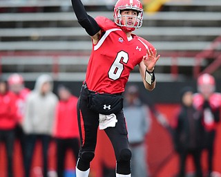 YOUNGSTOWN, OHIO - NOVEMBER 1, 2014: Hunter Wells #6 of YSU throws a pass during the 1st half of Saturday afternoon NCAA football game at Stambaugh Stadium. YSU won 28-17. (Photo by David Dermer/Youngstown Vindicator)