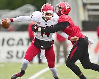 YOUNGSTOWN, OHIO - NOVEMBER 1, 2014: Kevin Earl #14 of South Dakota is sacked by Derek Rivers #11 of YSU during the 2nd half of Saturday afternoon NCAA football game at Stambaugh Stadium. YSU won 28-17. (Photo by David Dermer/Youngstown Vindicator)