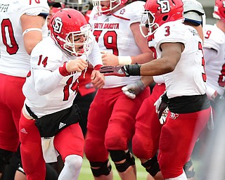 YOUNGSTOWN, OHIO - NOVEMBER 1, 2014: Kevin Earl #14 of South Dakota pumps his fist while celebrating with Jasper Sanders #3 after scoring a touchdown during the 2nd half of Saturday afternoon NCAA football game at Stambaugh Stadium. YSU won 28-17. (Photo by David Dermer/Youngstown Vindicator)