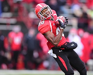 YOUNGSTOWN, OHIO - NOVEMBER 1, 2014: Andrew Williams #80 of YSU turns to run with the football after a reception during the 2nd half of Saturday afternoon NCAA football game at Stambaugh Stadium. YSU won 28-17. (Photo by David Dermer/Youngstown Vindicator) He would score a 58 yard touchdown.