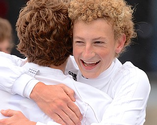 Jeff Lange | The Vindicator South Range's Brooks Thomas celebrates their 1-0 win in overtime over the Beachwood Bison with a teammate, Saturday at Gilcrest Field in Ravenna.
