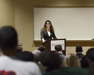 Katie Rickman | The Vindicator.Abigail Kovacs, a member of College Democrats, debates the topic of the US's reaction to ISIS during the political debate at Debartolo Hall on Thursday, Oct. 30, 2014.
