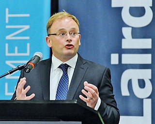 Jeff Lange | The Vindicator  Chief Executive of Laird, David Lockwood speaks about the addition of Laird into the Warren community prior to the tour of the building, Thursday morning in Warren.