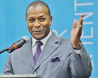 Jeff Lange | The Vindicator  Warren Mayor William "Doug" Franklin speaks of Warren's addition of Laird in the community, Thursday morning before tours and demonstrations at Laird.