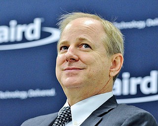 Jeff Lange | The Vindicator  Senior Vice President of Wireless Automation and Control Solutions, Rick Morse speaks on behalf of Laird, Thursday morning in the press room.