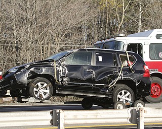        ROBERT K. YOSAY  | THE VINDICATOR..A multivehicle accident on the Ohio Turnpike in the Westbound lanes near Kirk Rd in Austintown - According to sources one was killed as well as multiple vehicles including a Canfield Fire Truck . Ohio Turnpike truck and several cars
