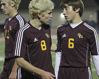 William D Lewis The Vindicator  SR's JCole Durina(8) consoles Landon Baer(6) playoff action in Wadsworth 11-5-14.