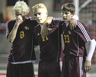 William D. Lewis  The  Vindicator  SR'sCole Durina(8) Will Stephenson(11) Andrew Cullar(23) react during final moments of 4-0 playoff loss to Mansfield Christian at Wadsworth 11-5-14.