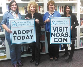 SPECIAL TO THE VINDICATOR Arts for Adoption will be fundraiser
An evening of food, wine and shopping has been set as a fundraising event called Arts for Adoption to take place from 6 to 9 p.m. Thursday at DiLucia’s Banquet Center, 2610 Elm Road NE, Warren. Patrons can enjoy a chance auction, hors d’oeuvres and bottomless wine glass with a chance to win a trip to Isle of Palms Beach Resort near Charleston, S.C. Mark Soini will provide music. The event will benefit Northeast Ohio Adoption Services. Tickets are $15 each or two for $25. Register online at www.noas.com or call Kathy Evans at 800-686-6627 ext. 110. Above, from left, are Robyn Maas, executive designer at the 
McDonough Museum of Art; Julie Vugrinovich, event chairman and NOAS trustee; 
Cheryl Tarantino, executive director of NOAS; and Evans, director of marketing and 
recruitment at NOAS.