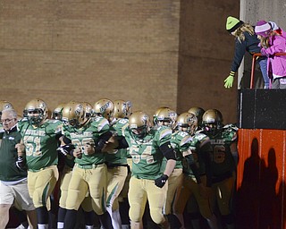 Katie Rickman | The Vindicator.Young fans reach down to high five Ursuline football players as they run onto the field at Stambaugh Stadium on Saturday, Nov. 8, 2014.