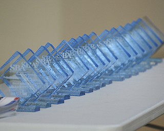 Katie Rickman | The Vindicator.Plaques are lined up on a table in the atrium at Williamson College of Business Administration for the 16 graduations of the Emerging Leaders program on Wednesday, Nov. 5, 2014.