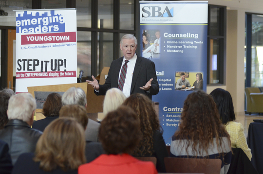 Katie Rickman | The Vindicator.Richard Sheridan, an Emerging Leaders Program instructor addresses graduates of the program and their family members at the graduation ceremony in the atrium of Williamson College of Business Administration on Wed. Nov, 5, 2014.
