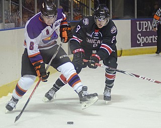 Katie Rickman | The Vindicator.Phantom's Josh Melnick moves up the ice as Chicago Steel's Dennis Gilbert follows close behind on Sunday, Nov. 9, 2014.