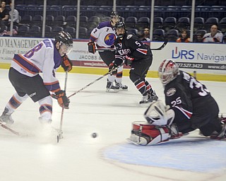 Katie Rickman | The Vindicator.Phantom's Josh Melnick scores the first point for the Phantoms during the second period as Chicago Steel's Cale Morris attempts to block the goal during the game at the Covelli Centre on Sunday, Nov. 9,  2014.