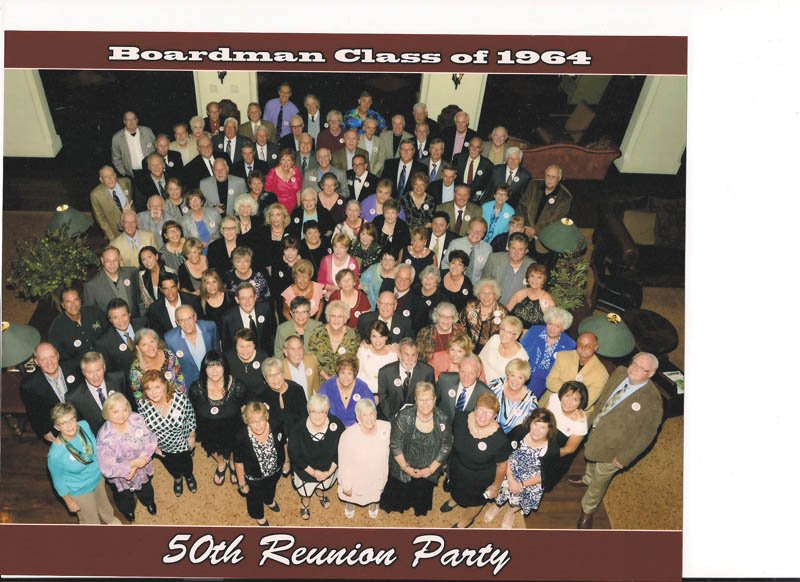 SPECIAL TO THE VINDICATOR Boardman High School Class of 1964 gathered Sept. 13 at the Youngstown Country Club. In the first row, from left to right, are Elaine Less, BJ Thompson, Sandy Mikkelsen, Kathy Clegg, Karen Reed and Sue Roberts. In row two are Sue Holloway, Georgia Ohle, Mari Reisman, Linda Catterson, Cindy Hartman, Rochelle Marks, Ben Berman, Bob Fulton, Diane Barnett and Sandy Vasu-Sarver. In row three are Tim Miller, Bill Miller, Joan Schick, Lois Sandberg, Len Berman, Bonnie Camens, Elsbeth Welsh and Christy Vross. In row four are Bill Muzevich, Mike Bodnar and Chuck Fasilis. In row five are Tom Brown, Diana Sanchez, Bill Hartman, Nancy Havlin, Joan Korth, Ron Camens, Denise Duncan, Genevieve Geordan Angelides, Audrey Zagorec Chengelis, Howard Reese and John Cole. In row six are Bill Van Fossan, Terry Anderson, Cindy Goldcamp, May Kalna-Meikle, Donna Palowitz, Susan Hall, Judy Blunt, Karen Cowan, Don Pletcher, Bonnie Brown, Tricia Keller and Barbara Fargo. In row seven are Nick DeCarbo, Lillian Quaranta, Mitzi Bryan, Cheryl Colton, Lenore Schindler, Barb Martin, Betsy Ford, Gloria Kautz, Ginny Labor, Judy Hummel, Tony Naples, John Carlson, Jeanie Dilsaver and Phil Markowitz. In row eight are Bill Hays, Susan Kay, Lora Smith, Esther Brockman, Carol Bonte, Linda Aron, Jill Schafer, Angie lewis, Nancy Gura, Jeff Gorman, Alan Seidler and Judy Hackett. In row nine are Bob Shoemaker, Terry Kay, Andy Baytos, Judy Young, John Pardee, Murray Miller, John Jardine, Jim Sansone, Ron Slovan, Dick Beringer, Bob Weller, Gregg Heacock and Ric Wolff. In row 10 are Kit Huggins, Dave Robinson, Steve May and Glenn Williams. In row 11 are Linwood Chamberlain, Pam Manchester, Denny Thompson, Joe Marino, Ron Della Penna, Earl White, Bob Kiskaddon, Everett Bush, Dick Lathom, Glenn Youngstedt and Dave Carnes. And in row 12 are Don Timar, Dave Cervone, Dale Saylor, Gary Bartholomew, Keith Heavrin and Richard Rauschenberg.