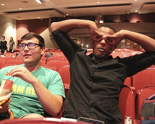 WILLIAM D LEWIS THE VINDICATOR RAGTIME CAST MEMBERS ANDREW LETSCHER, 11TH GRADE CANFIELD, LEFT,  AND JOSHUA GREEN, GUEST ARTIST TAKE A BREAK DURING A REHERSAL 11-6-14 AT CANFIELD HS  FOR RAGTIME.