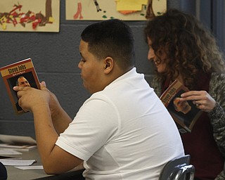        ROBERT K. YOSAY  | THE VINDICATOR..Discovery at Volney 3- 8th grade - ..Nathaniel Munoz 4th grade in a discussion on the Steve Jobs book  with his teacher Sherri Bennett .-30-.