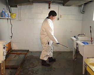 Katie Rickman | The Vindicator.Jimmy Mikesell of Service Master Restoration by All-Action based out of North Lima sprays a chemical in the basement of Edward Kalosky II of Youngstown on Friday, Nov. 7, 2014. Kalosky's sewer has backed up 5 times since Oct. 25 and has caused $5,000 in damages.