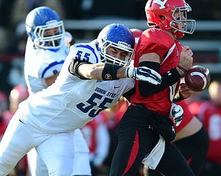 YOUNGSTOWN, OHIO - NOVEMBER 15, 2014: Hunter Wells #6 of YSU fumbles the football while being sacked by Connor Underwood #55 of Indiana State during the 1st half of Saturday afternoons game at Stambaugh Stadium. (Photo by David Dermer/Youngstown Vindicator)