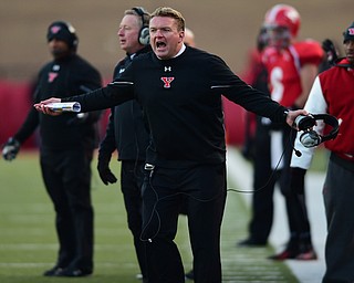 YOUNGSTOWN, OHIO - NOVEMBER 15, 2014: Eric Wolford of YSU reacts to a call on the field during the 2nd half of Saturday afternoons game at Stambaugh Stadium. (Photo by David Dermer/Youngstown Vindicator)