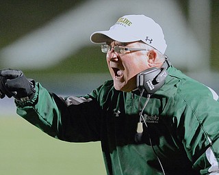 Jeff Lange | The Vindicator  Fighting Irish head coach Larry Kempe reacts to his team's poor performance on the field during regional finals action in Uniontown, Saturday night. The Canton Crusaders ousted Ursuline from the competition in a 20-6 victory.
