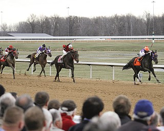        ROBERT K. YOSAY  | THE VINDICATOR..Windy but warm temperatures had the Hollywood Gaming Racino parking lot filled as people came out to watch the inagural run of thoroghbred racing in the Mahoning Valley...and the winner of the Inagural  BABY TIME  is followed by    "Take a Walk"