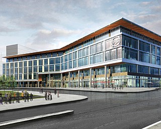 This artist rendering provided Monday by United States Steel Corp. depicts a proposed building that the company announced would become its company’s world headquarters in Pittsburgh. The building would be part of the NHL Penguins’ redevelopment of the former Civic Arena site. It would replace the current headquarters in the 64-story U.S. Steel Tower, downtown Pittsburgh’s tallest building.