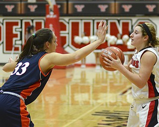 Katie Rickman | The Vindicator.Bucknell's Carly Richardson (33) attempts to block YSU's Nikki Arbanas (4) pass during the first period during the game at the Beeghly Center Tuesday, Nov. 25, 2014.