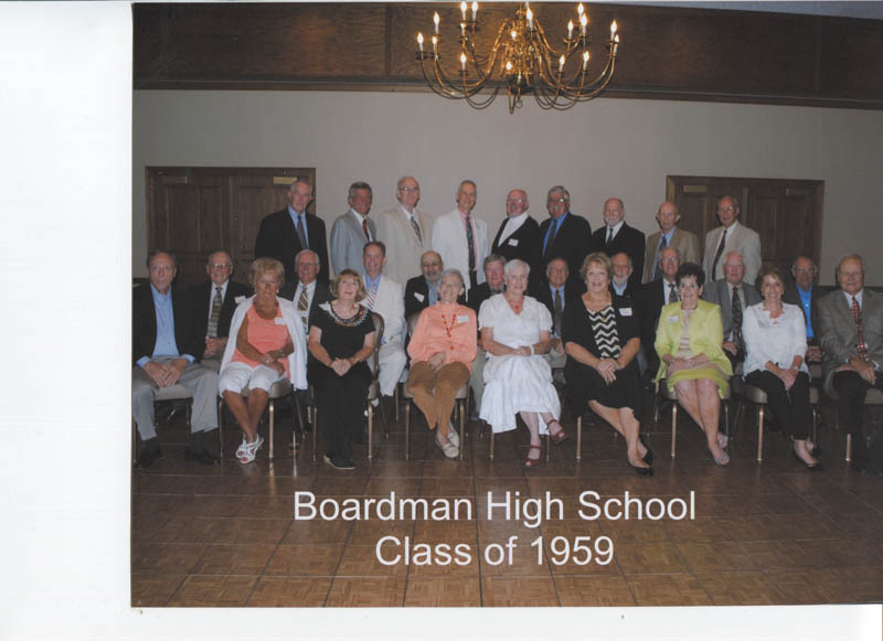 SPECIAL TO THE VINDICATOR — Boardman High School Class of 1959 met for its 55th reunion at Tippecanoe Country Club on Aug. 30. In front, from left to right, are LaRue Lehner Murray, Jean McBride Oaks, Suzanne Bodine, Barbara Leone Splain, Joan Cailor Smith, Carol Bendor Gordon, Ann Brandmiller Hyer and Tom Lance. In the middle row are Jeff Heal, Ed Lugibhl (faculty), Tom Ziemianski, Don Samuels (class president), Arni Nashbar, Steve Stevenson, Ron Rappoport, Alan Shwartz Spencer, Chuck Konesky, Cliff Green and Lloyd Murray. In the back row are Bill DeCicco, Jack Haplea, Dave Phillips, Dave Beede, Gary Kling, Norm Chervany, Chuck Miller, Scott McPhillamy and Dick Selby (faculty).