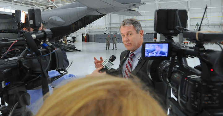Jeff Lange | The Vindicator  Senator Sherrod Brown speaks to press about future intentions of upgrading the air base's C-130 Hercules airplanes by the year 2020, Monday morning in Vienna.
