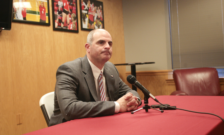        ROBERT K. YOSAY  | THE VINDICATOR..YSU AD Ron Strollo met the media to answer questions about the departure of YSU Football Coach Eric Wolford - after it was announced yesterday he was  let go from his contract.