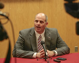        ROBERT K. YOSAY  | THE VINDICATOR..YSU AD Ron Strollo met the media to answer questions about the departure of YSU Football Coach Eric Wolford - after it was announced yesterday he was  let go from his contract.