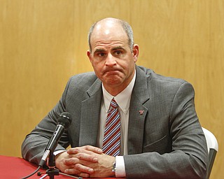        ROBERT K. YOSAY  | THE VINDICATOR..YSU AD Ron Strollo met the media to answer questions about the departure of YSU Football Coach Eric Wolford - after it was announced yesterday he was  let go from his contract.