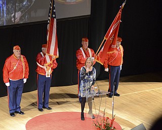 Katie Rickman | The Vindicator.The Tri-State Marine Detachment #494 presents the colors as Sarah Turner sings the National Anthem during the Traficant Tribute at the Deyore Performing Arts Center on Sunday, Nov. 2014 Youngstown, Ohio.