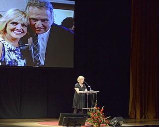 Katie Rickman | The Vindicator.Tish Traficant, the wife of James A. Traficant Jr. former Congressment, speaks during the closing of the tribute for Traficant at the Deyore Performing Arts Center on Sunday, Nov. 2014 Youngstown, Ohio.