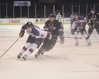 Katie Rickman | The Vindicator.Phantom's Ryan Lomberg (70) passes up Chigaco Steel's Peter Tischke during the first period on Wed. December 3, 2014.